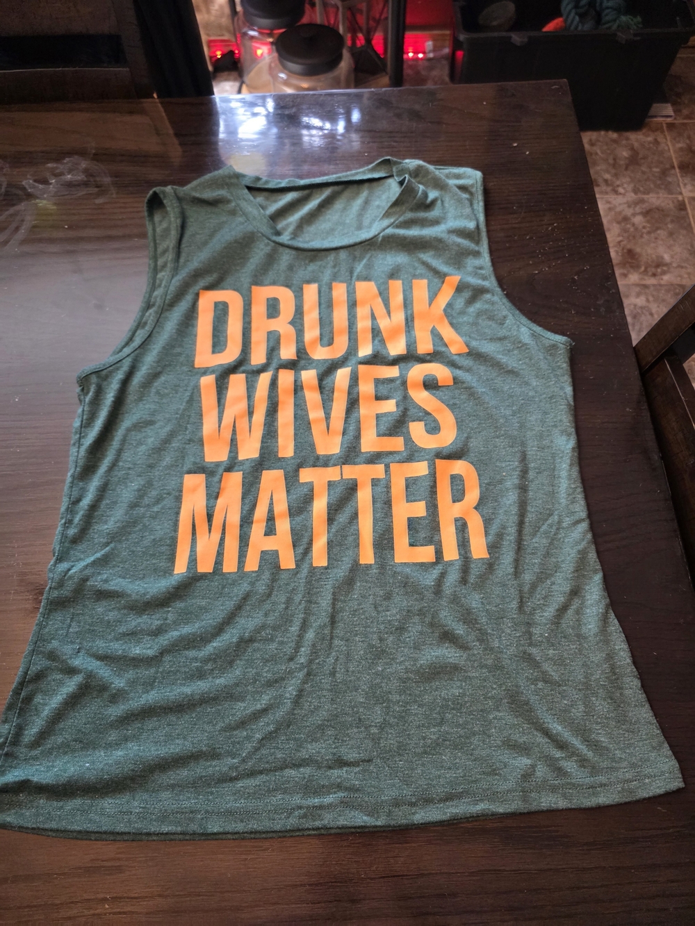 Green Tank Top with Orange Graphic "DRUNK WIVES MATTER"
